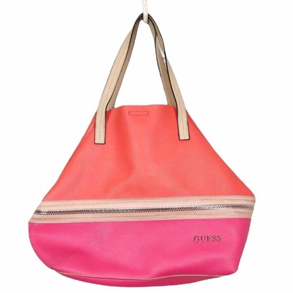 Guess Colorblock Pink Orange Faux Leather Zipper Tote Bag - Picture 1 of 9